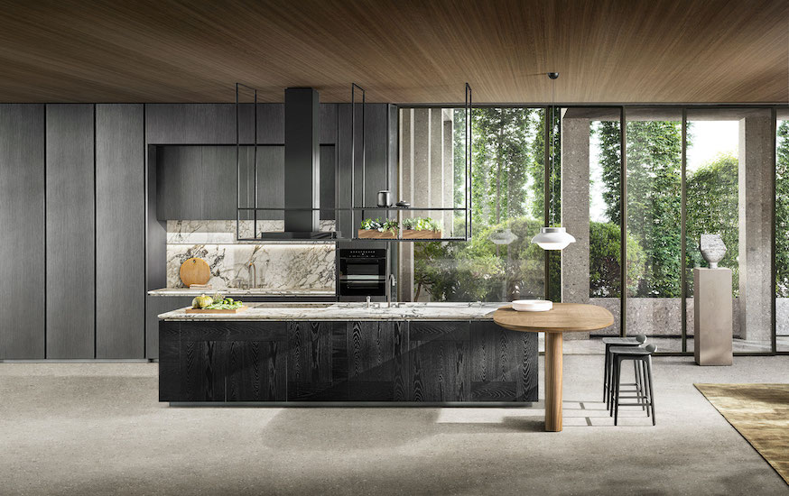 Cucina moderna con isola centrale in legno e design contemporaneo